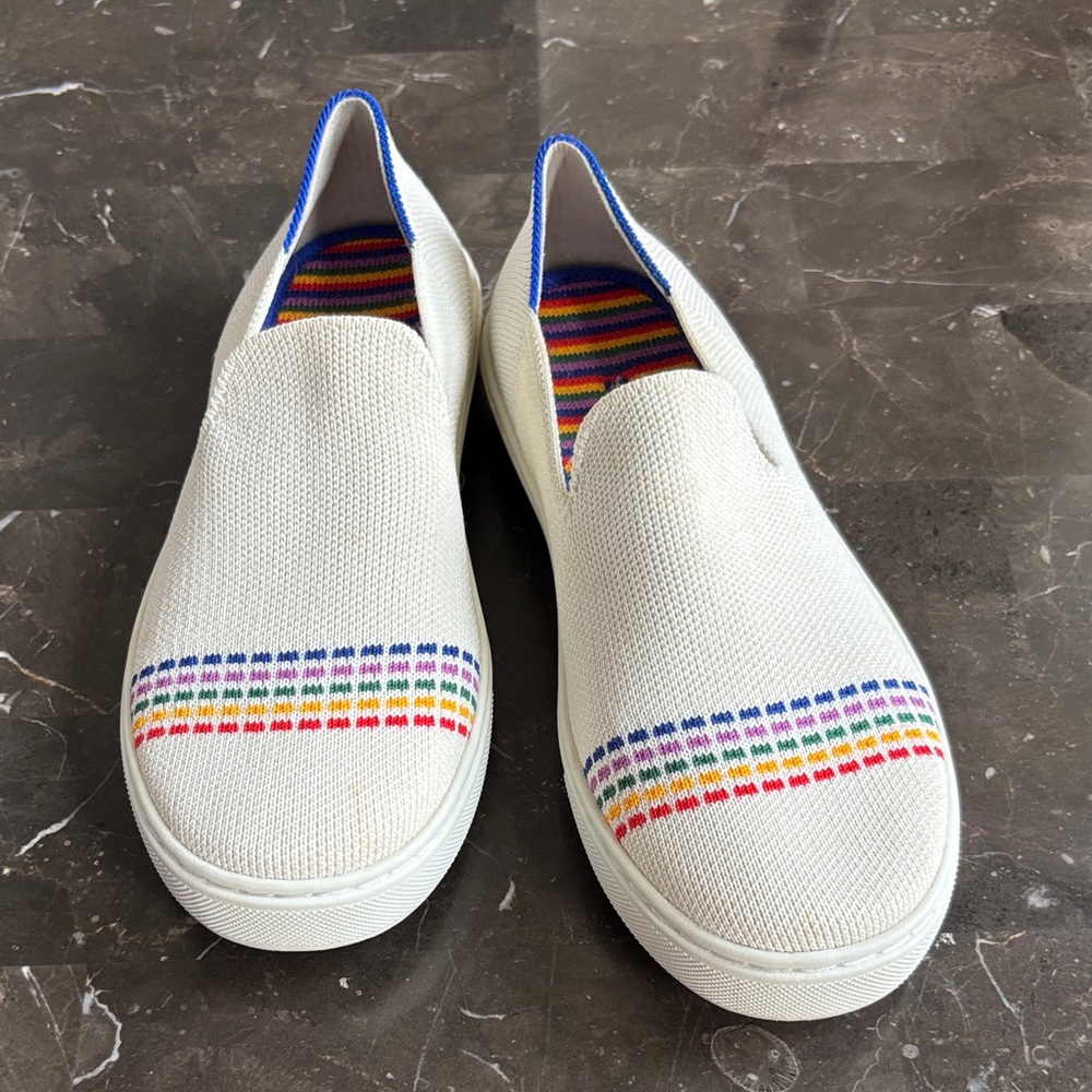 Rothy's Cream Slip-On Sneakers with Rainbow Accents